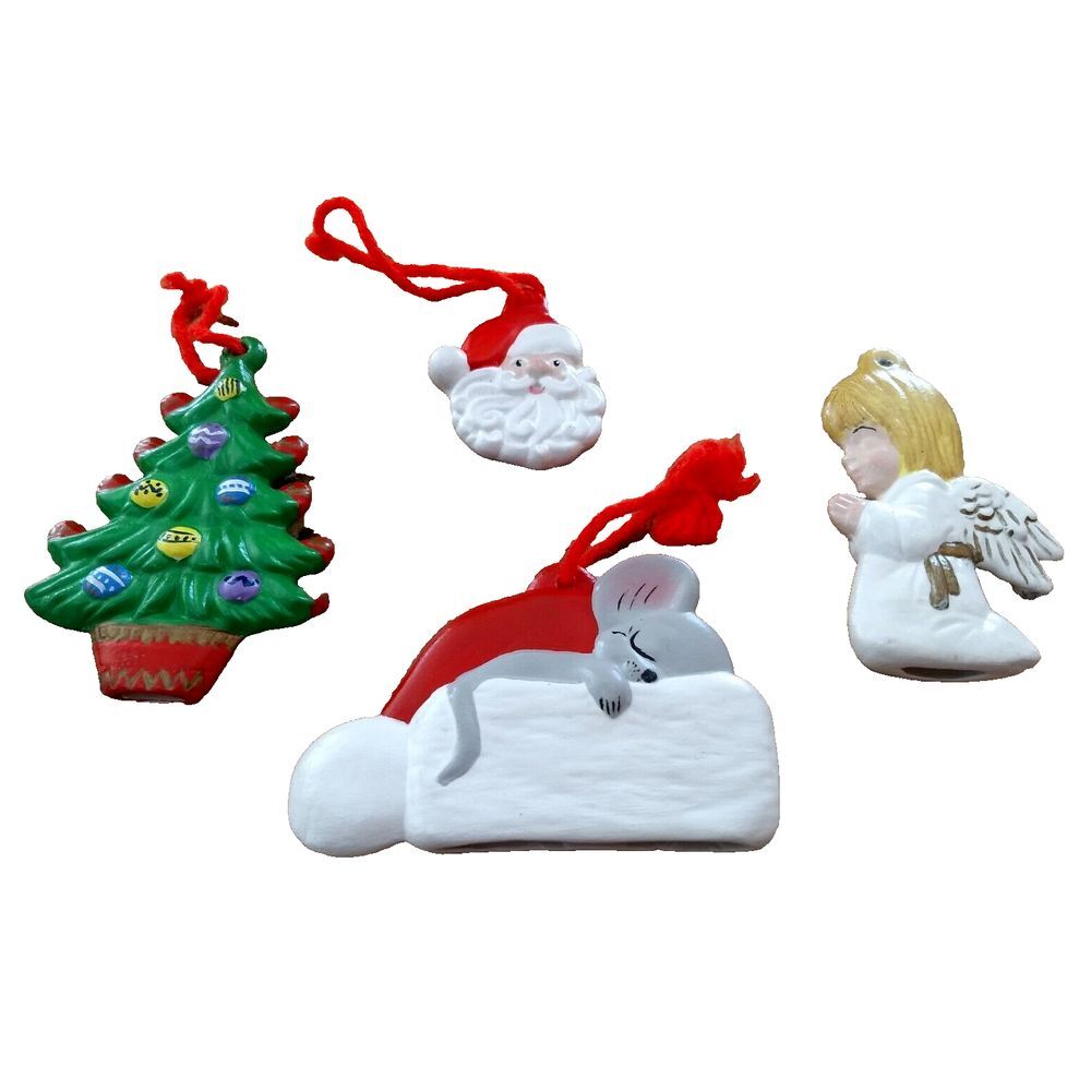 VTG Ceramic CHRISTMAS ORNAMENTS Hand Painted Lot/4 Mouse Tree‎ Angel Santa Face